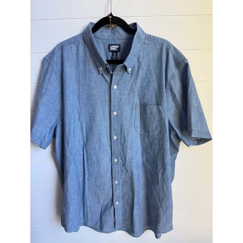 Lands End Mens XXL Blue Short Sleeve Button Down Shirt Traditional Fit Chambray